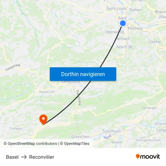 Basel to Reconvilier map
