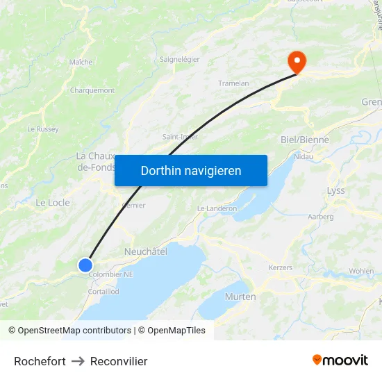 Rochefort to Reconvilier map