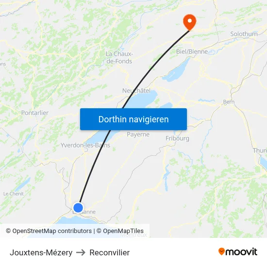 Jouxtens-Mézery to Reconvilier map