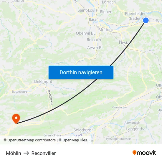 Möhlin to Reconvilier map