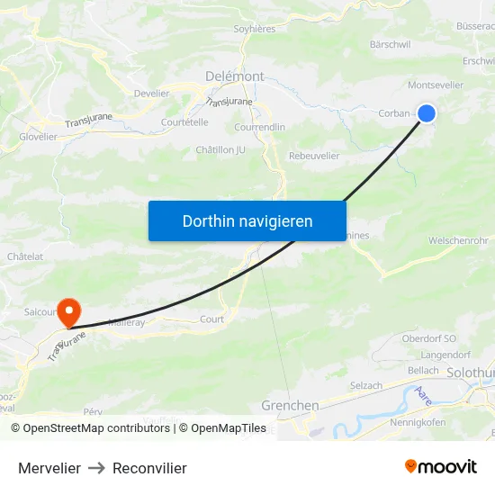 Mervelier to Reconvilier map