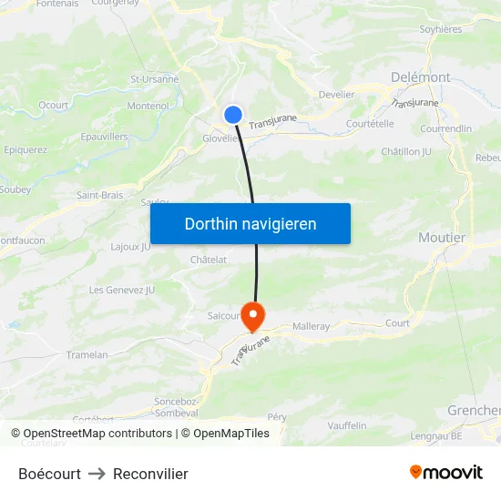 Boécourt to Reconvilier map