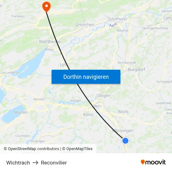 Wichtrach to Reconvilier map