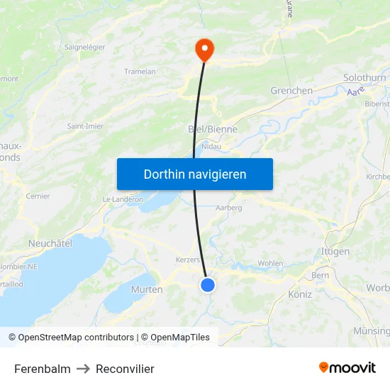 Ferenbalm to Reconvilier map