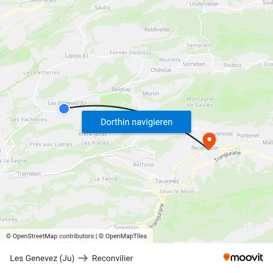 Les Genevez (Ju) to Reconvilier map