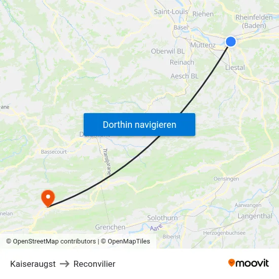 Kaiseraugst to Reconvilier map