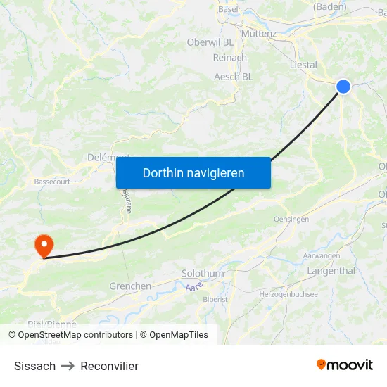 Sissach to Reconvilier map