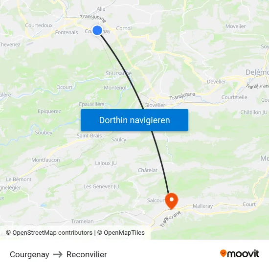 Courgenay to Reconvilier map