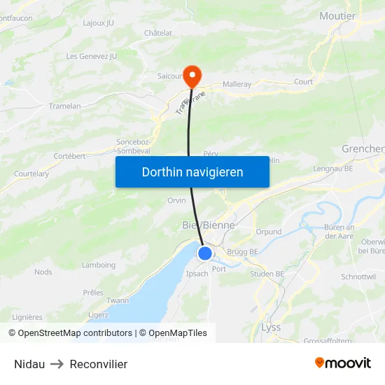 Nidau to Reconvilier map