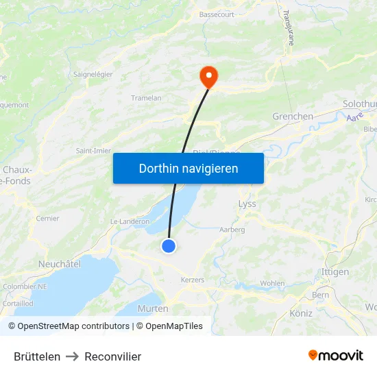 Brüttelen to Reconvilier map