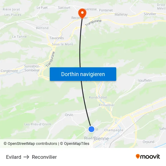 Evilard to Reconvilier map