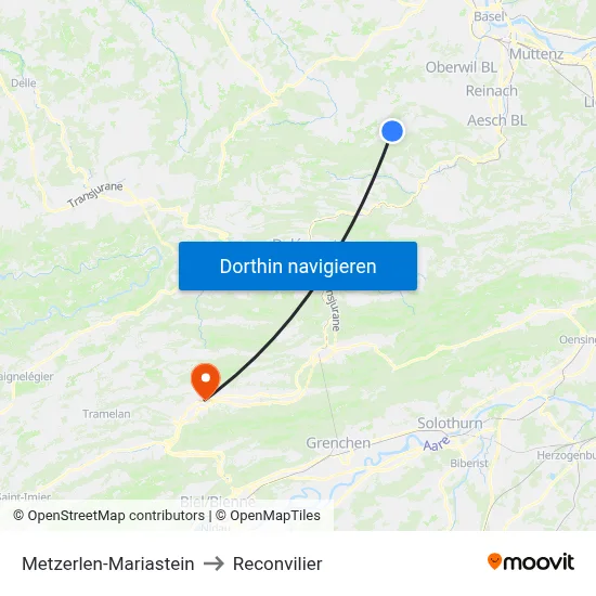 Metzerlen-Mariastein to Reconvilier map