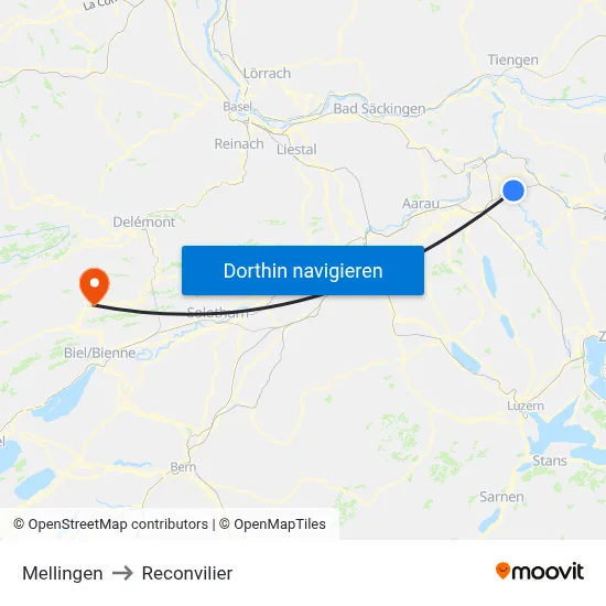 Mellingen to Reconvilier map