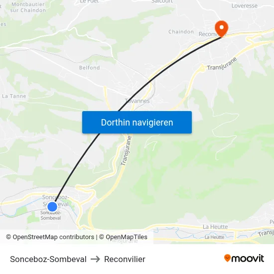 Sonceboz-Sombeval to Reconvilier map