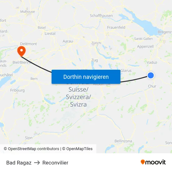 Bad Ragaz to Reconvilier map