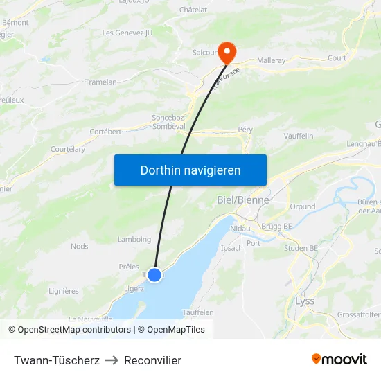 Twann-Tüscherz to Reconvilier map