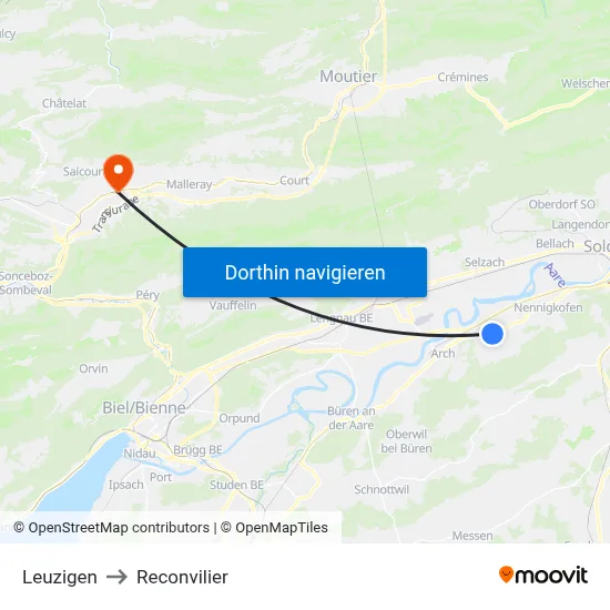 Leuzigen to Reconvilier map