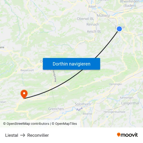 Liestal to Reconvilier map