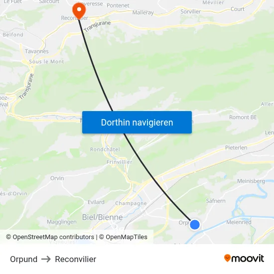 Orpund to Reconvilier map