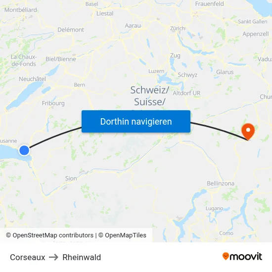 Corseaux to Rheinwald map