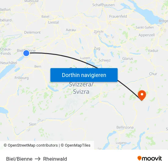 Biel/Bienne to Rheinwald map