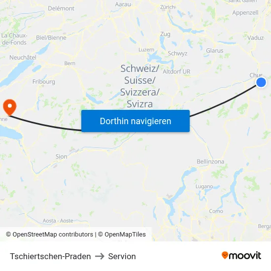 Tschiertschen-Praden to Servion map