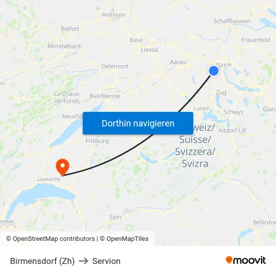 Birmensdorf (Zh) to Servion map