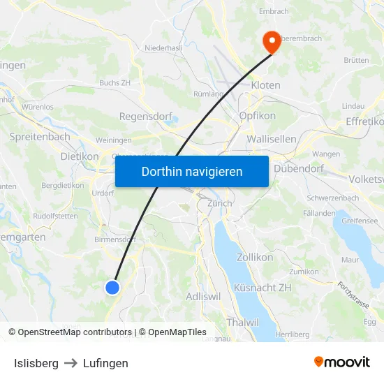 Islisberg to Lufingen map