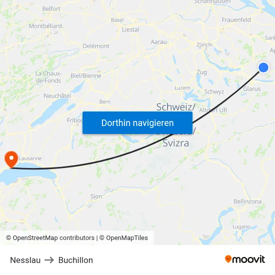 Nesslau to Buchillon map