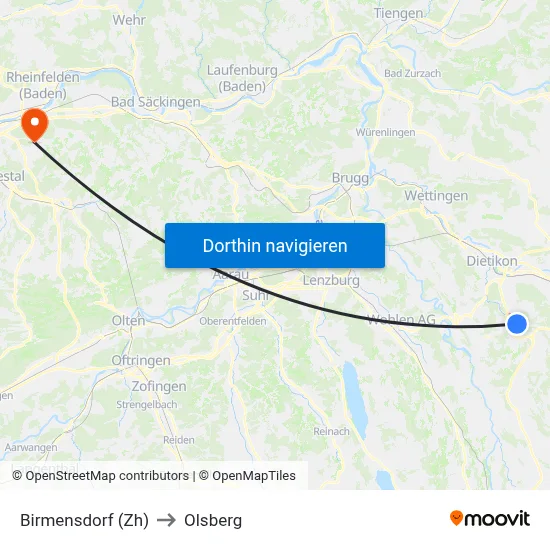 Birmensdorf (Zh) to Olsberg map
