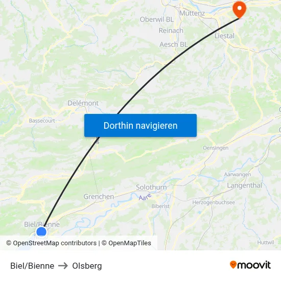 Biel/Bienne to Olsberg map