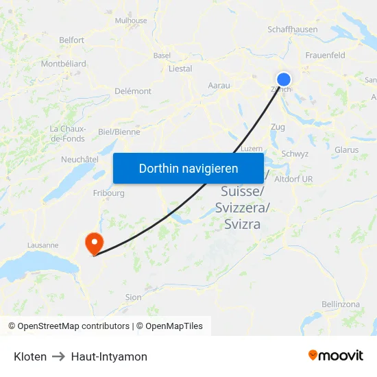 Kloten to Haut-Intyamon map
