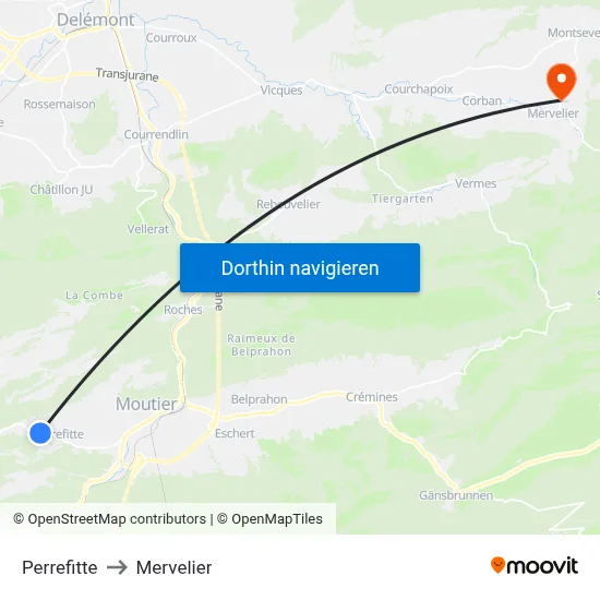 Perrefitte to Mervelier map