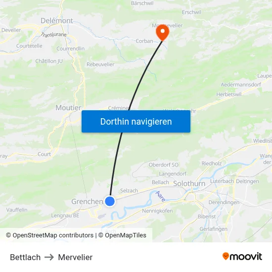 Bettlach to Mervelier map