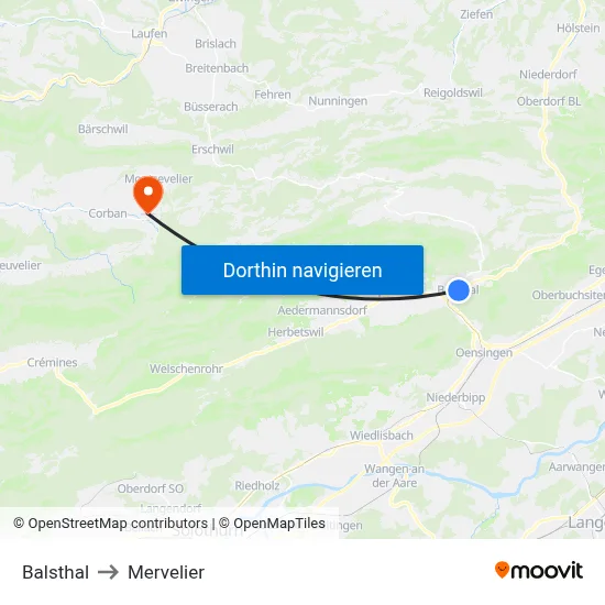 Balsthal to Mervelier map