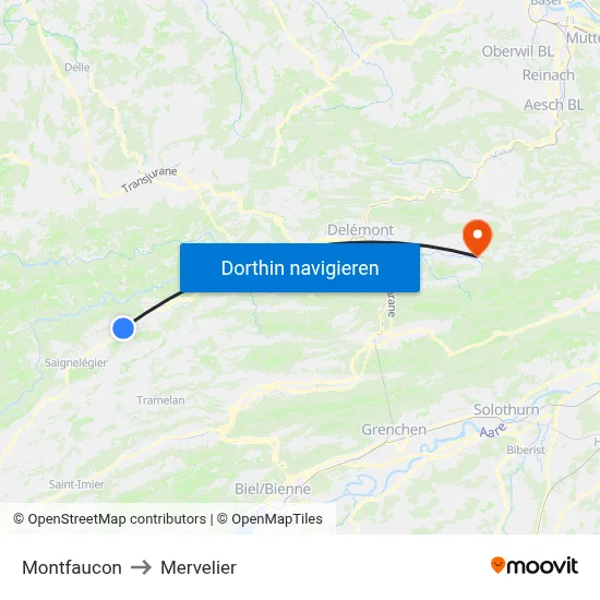 Montfaucon to Mervelier map