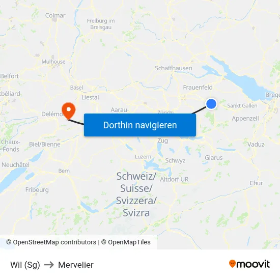Wil (Sg) to Mervelier map
