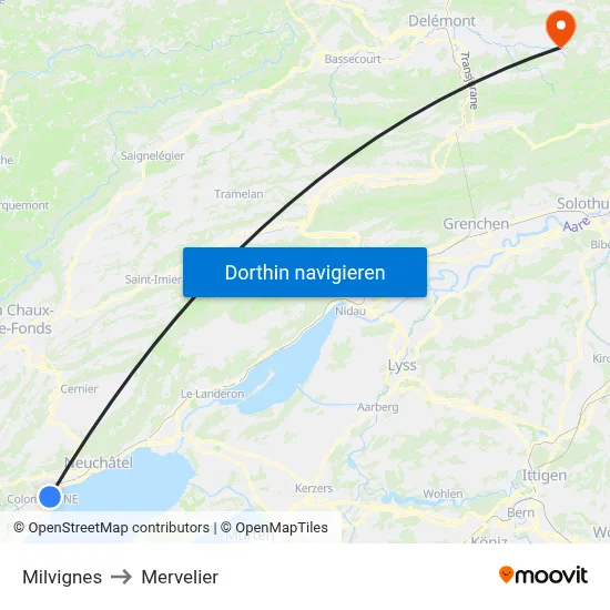 Milvignes to Mervelier map