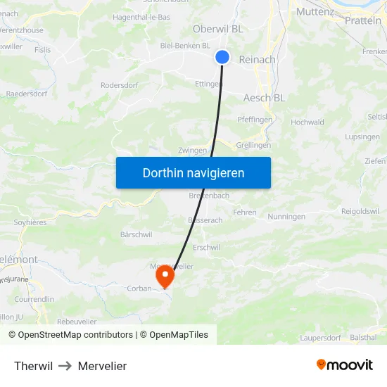 Therwil to Mervelier map