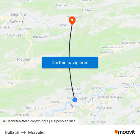 Bellach to Mervelier map