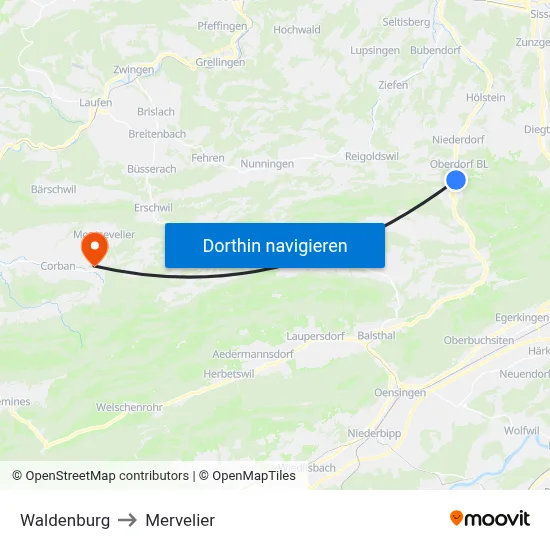 Waldenburg to Mervelier map