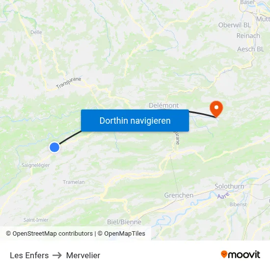 Les Enfers to Mervelier map