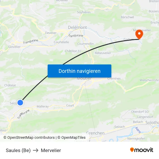 Saules (Be) to Mervelier map
