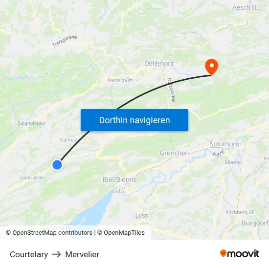 Courtelary to Mervelier map