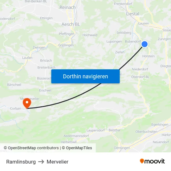 Ramlinsburg to Mervelier map