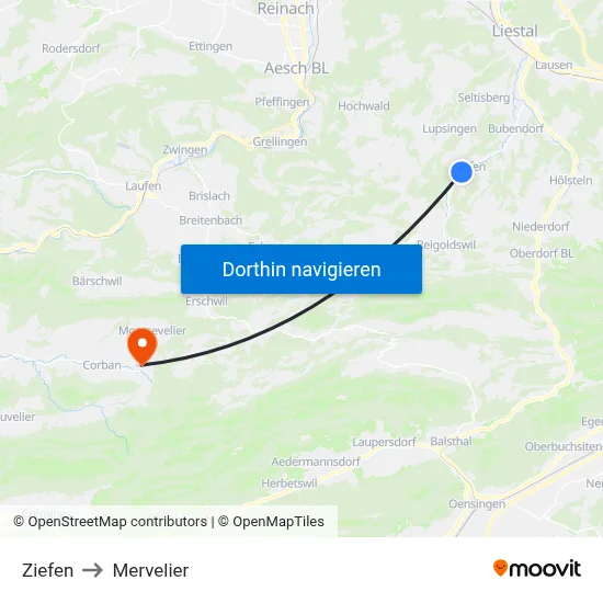 Ziefen to Mervelier map