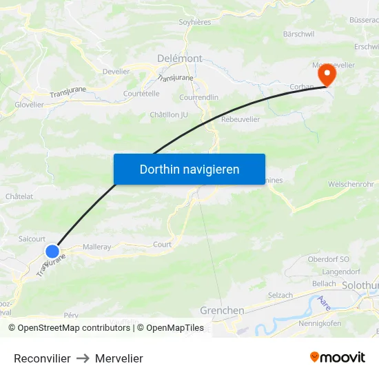 Reconvilier to Mervelier map