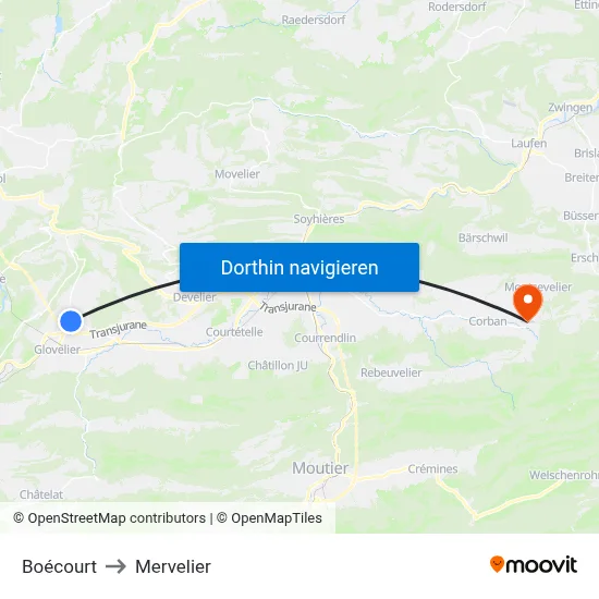 Boécourt to Mervelier map