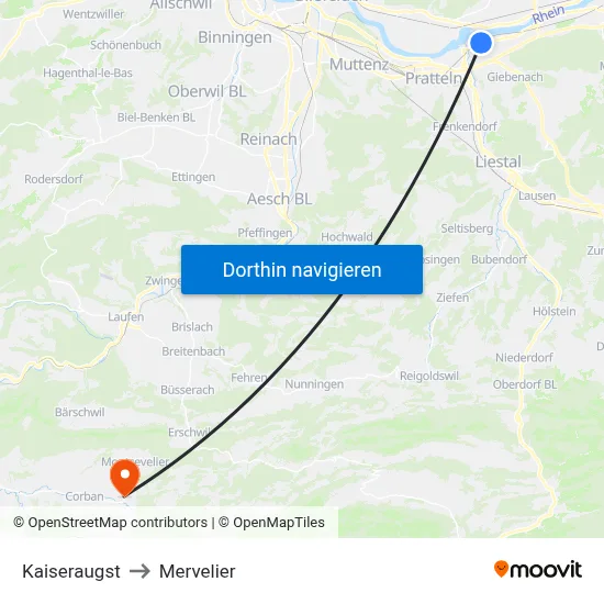 Kaiseraugst to Mervelier map