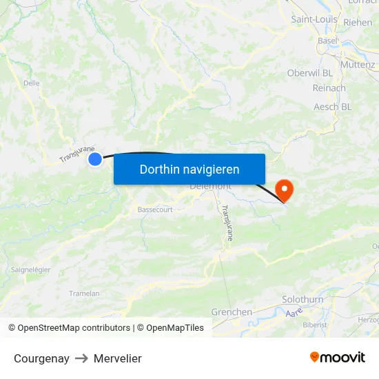 Courgenay to Mervelier map